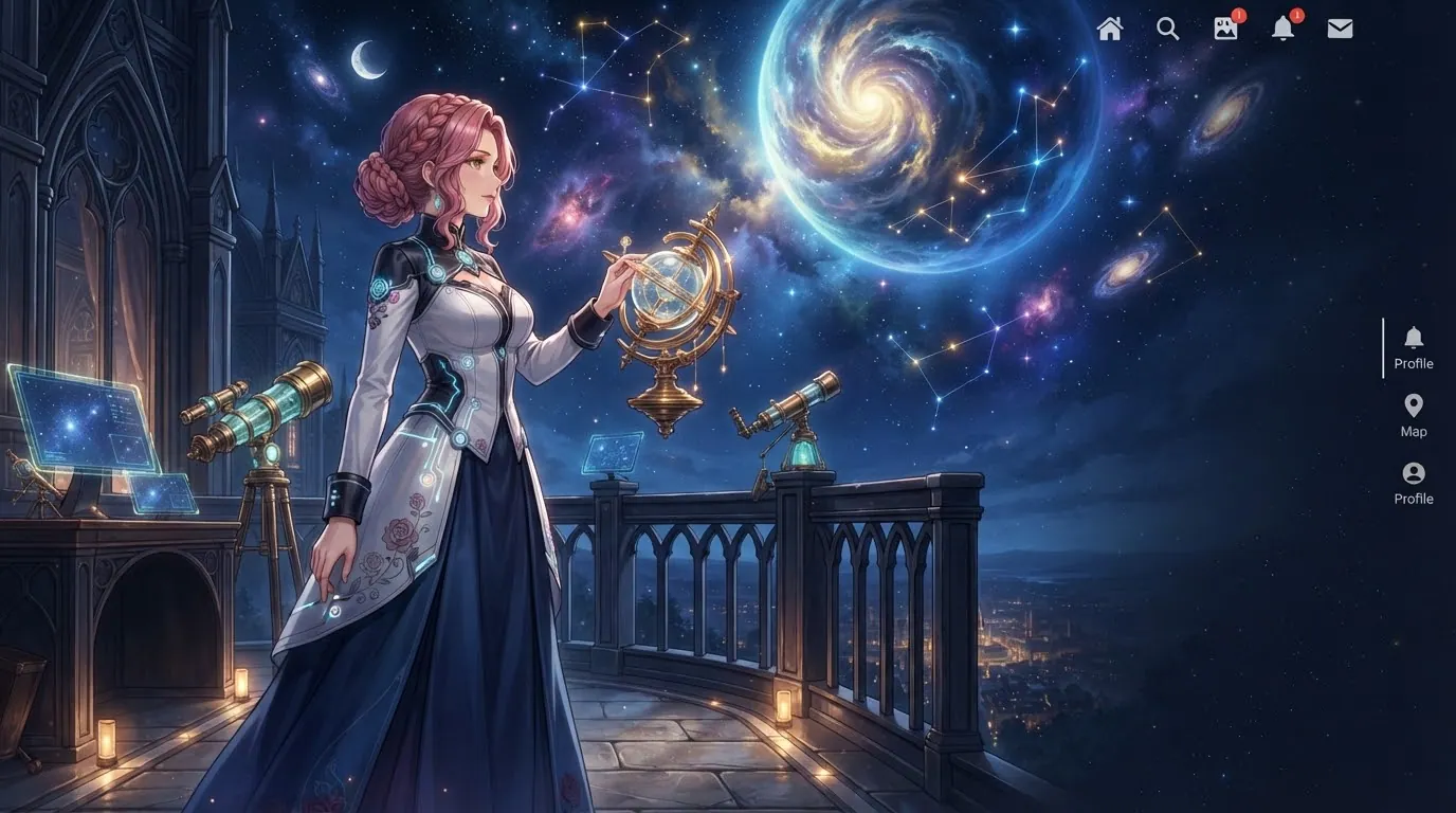 玫瑰色长发的观星者立于观测台，手扶天文仪器，远处是明亮星球与星空。